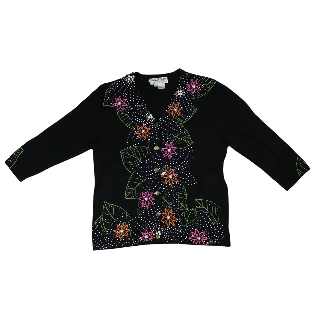 Jack B. Quick Black Knit Beaded Embroidered Spring Floral Flowers Sweater Medium
